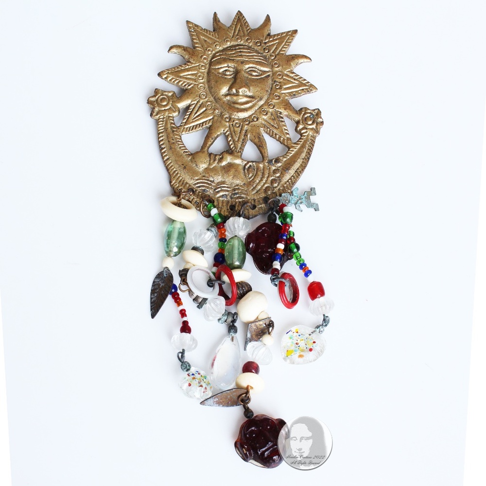 Large Sun and Moon Brooch with Beads & Charms Abstract Metal Vintage 70s